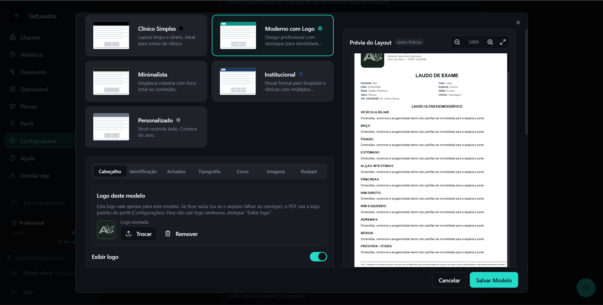 Tela de configuração de modelos de laudo do VetLaudos: seleção de layout, logo da clínica e prévia do PDF com identidade visual